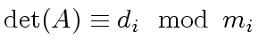 $\displaystyle {\det}(A) \equiv d_i \mod{\, m_i}$