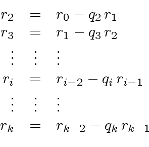 \begin{displaymath}\begin{array}{rcl} r_2 & = & r_0 - q_2 \, r_1 \\ r_3 & = & r_...
...s & \vdots \\ r_k & = & r_{k-2} - q_k \, r_{k-1} \\ \end{array}\end{displaymath}