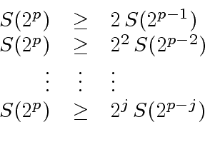 \begin{displaymath}\begin{array}{rcl} S(2^p) & \geq & 2 \, S(2^{p-1}) \\ S(2^p) ...
...vdots & \vdots \\ S(2^p) & \geq & 2^j \, S(2^{p-j}) \end{array}\end{displaymath}