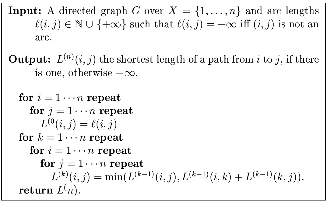\fbox{
\begin{minipage}{12 cm}
\begin{description}
\item[{\bf Input:}] A directe...
...k) + L^{(k-1)}(k,j)).$\ \\
\> {\bf return} $L^(n).$\end{tabbing}\end{minipage}}