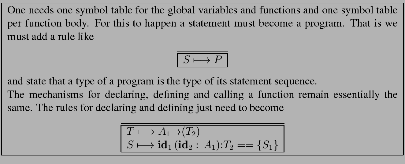 \fbox{
\begin{minipage}{15 cm}
One needs one symbol table for the global variabl...
...bf \{ } S_1 {\bf \} } $\ \\ \hline
\end{tabular}\end{center}\par
\end{minipage}}