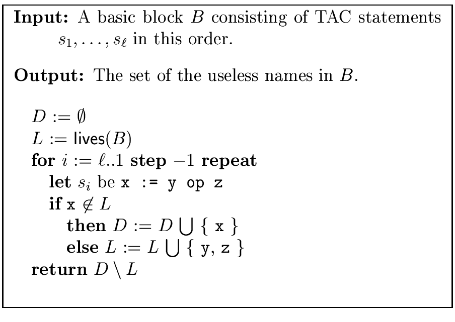 \fbox{
\begin{minipage}{10 cm}
\begin{description}
\item[{\bf Input:}] A basic b...
...t z} $\}$\ \\
\> {\bf return} $D \setminus L$\ \\
\end{tabbing}\end{minipage}}