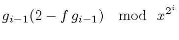 $\displaystyle g_{i-1} (2 - f \, g_{i-1}) \ \mod{ \ x^{2^{i}}}$