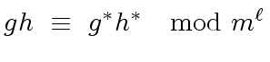 $ g h \ \equiv \ g^{\ast} h^{\ast} \ \mod{ m^{\ell}}$