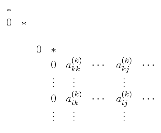 $\displaystyle \begin{array}{cccccccc} * & & & & & & & \\  0 & * & & & & & & \\ ...
...s & a_{ij}^{(k)} & \cdots \\  & & &\vdots & \vdots & & \vdots & \\  \end{array}$