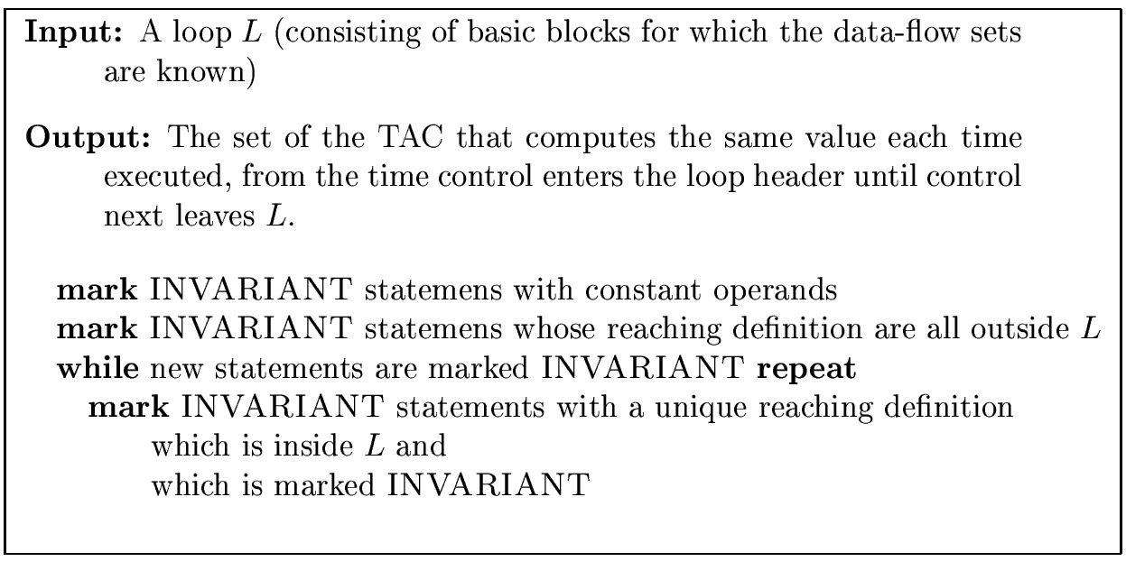 \fbox{
\begin{minipage}{13 cm}
\begin{description}
\item[{\bf Input:}] A loop $L...
...\\
\> \> \> \> which is marked {\sc INVARIANT} \\
\end{tabbing}\end{minipage}}