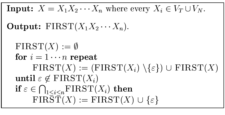 \fbox{
\begin{minipage}{10 cm}
\begin{description}
\item[{\bf Input:}] $X = X_1 ...
...) := {\sc FIRST}($X$) ${\cup} \ \{ {\varepsilon} \}$\end{tabbing}\end{minipage}}